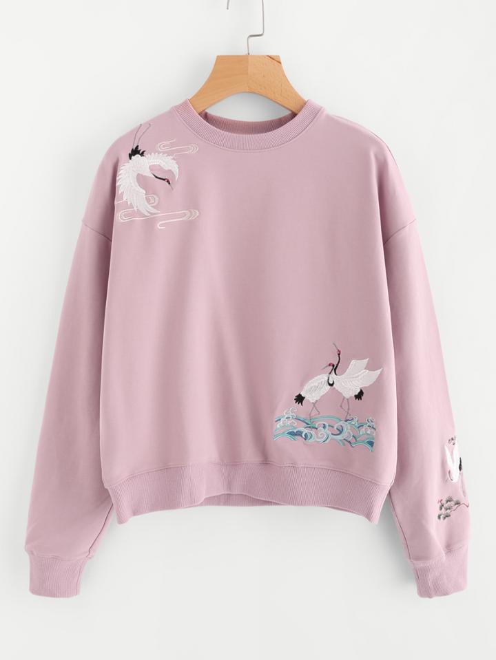 Shein Drop Shoulder Crane Bird Embroidered Sweatshirt