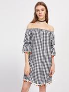 Shein Pom Pom Trim Fluted Sleeve Gingham Bardot Dress