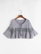 Shein Fluted Sleeve Lace Panel Self Tie Crop Top
