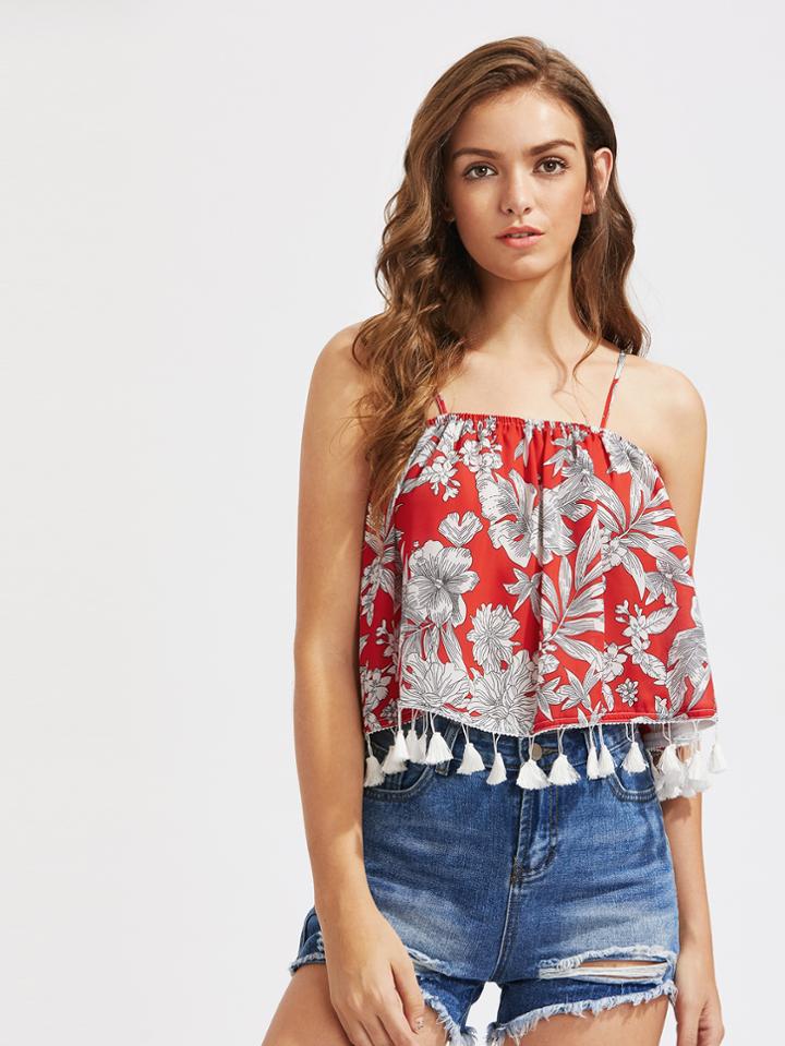 Shein Flower Print Tassel Trim Trapeze Cami Top