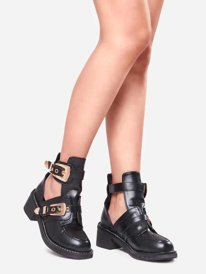 Shein Black Faux Leather Buckle Strap Chunky Heel Shoes