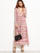 Shein Floral Print Deep V Neck Hollow Inset Dress