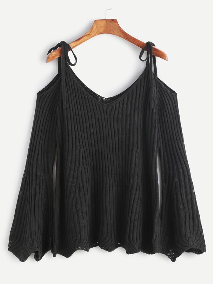 Shein Black Ribbed Cold Shoulder Bell Sleeve Scallop Sweater