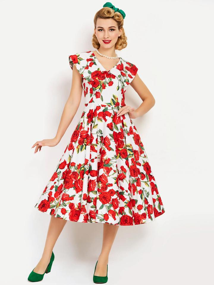 Shein Allover Rose Print Double V Fit & Flare Dress