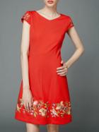 Shein Red V Neck Embroidered A-line Dress
