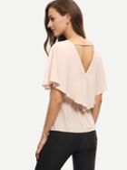 Shein Pink V Neck Hollow Back Ruffle Blouse