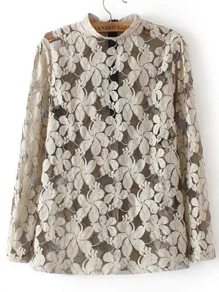 Shein Khaki Stand Collar Sheer Lace Blouse