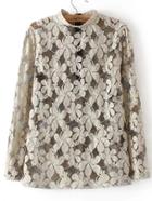 Shein Khaki Stand Collar Sheer Lace Blouse