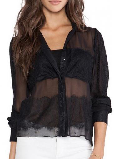 Rosewe Sexy Semi Sheer Long Sleeve Button Closure Black T Shirt