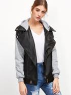 Shein Contrast Sleeve Oblique Zipper Faux Leather Hooded Jacket