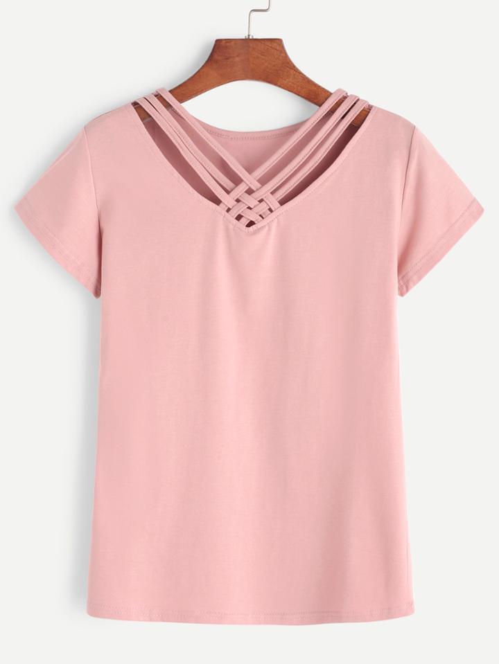 Shein V Neck Lattice Front Tee
