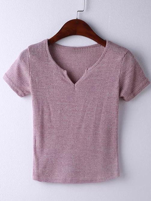 Shein Pink Short Sleeve V Neck Ribbed T-shirt