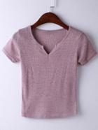 Shein Pink Short Sleeve V Neck Ribbed T-shirt