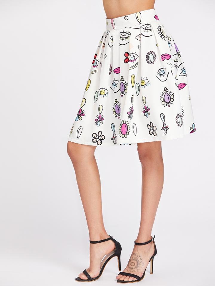 Shein Eyes Print Zipper Back Pleated Skirt