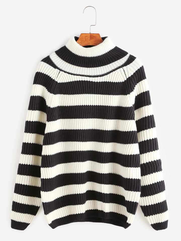 Shein Contrast Striped High Neck Raglan Sleeve Sweater