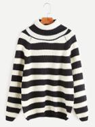 Shein Contrast Striped High Neck Raglan Sleeve Sweater