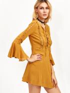 Shein Mustard Eyelet Lace Insert Lace Up Ruffle Dress