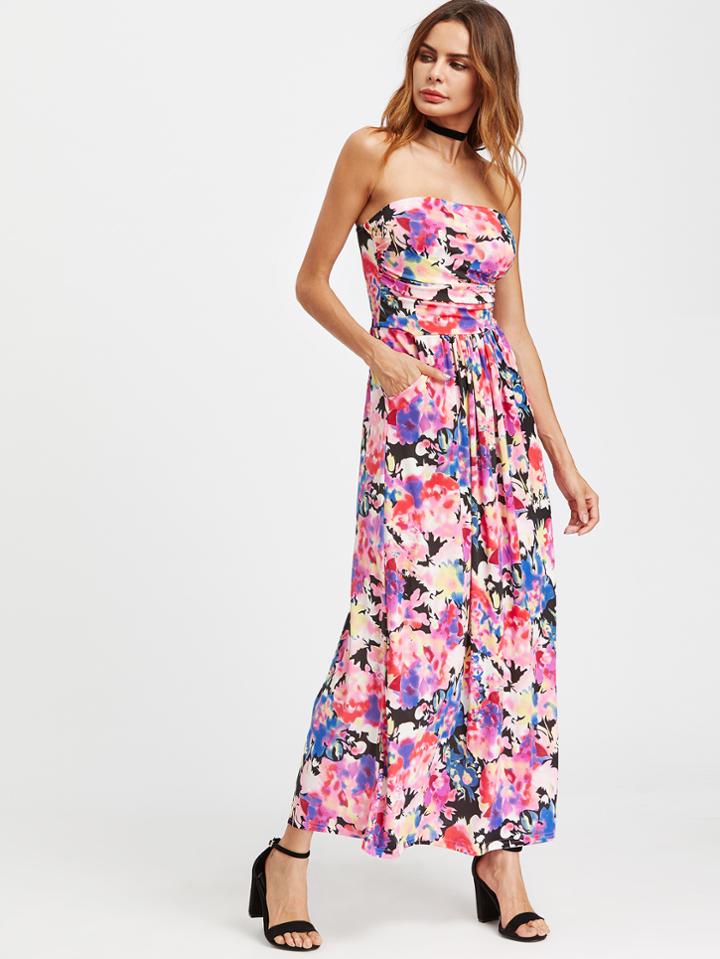 Shein Watercolor Print Bandeau Dress With Pockets