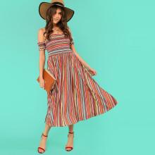 Shein Shirred Panel Lettuce Trim Striped Bardot Dress