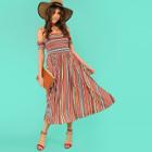 Shein Shirred Panel Lettuce Trim Striped Bardot Dress
