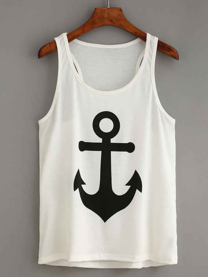 Shein Anchor Print White Tank Top