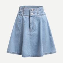 Shein Denim Shirred Double Button Skirt
