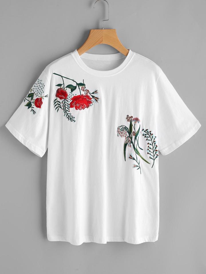Shein Flower Embroidered Short Sleeve Tee