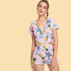 Shein Pineapple Print Knot Wrap Top & Shorts Set