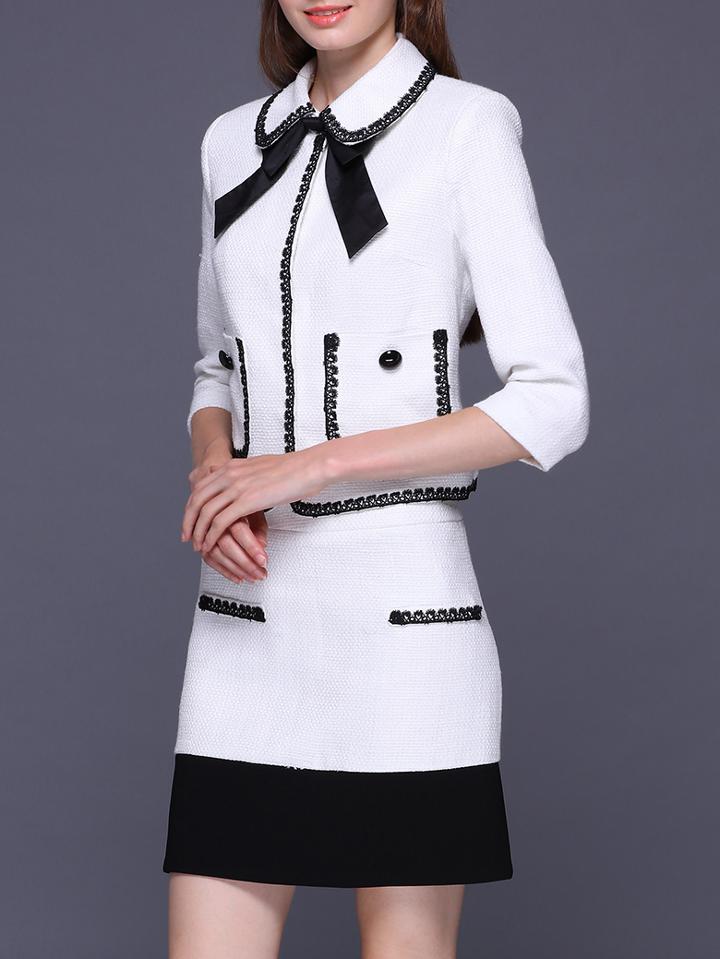Shein White Tie Neck Elegant Top With Skirt