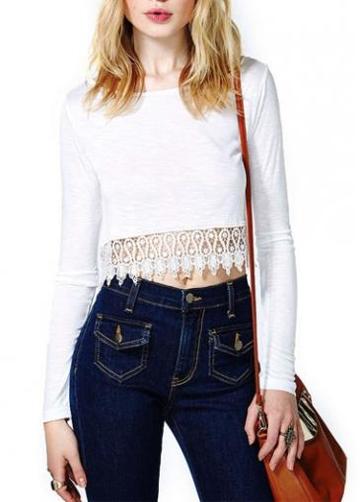 Rosewe Laconic Solid White Tassels Decorated Long Sleeve Crop Tops
