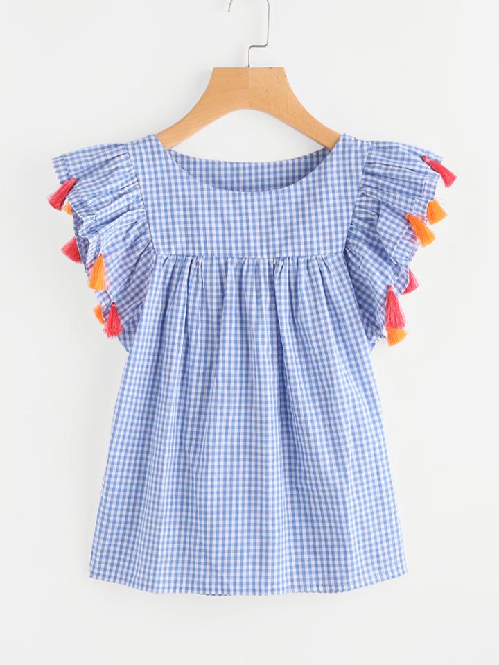 Shein Gingham Tassel Trim Babydoll Blouse