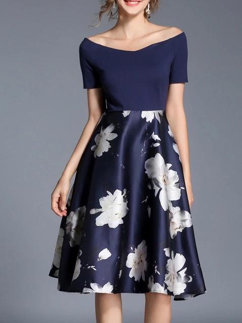 Shein Boat Neck Flowers Print Combo Dress