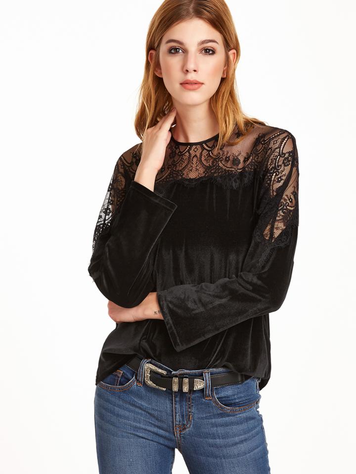 Shein Black Keyhole Back Sheer Lace Sleeve Velvet Top