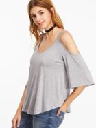 Shein Heather Grey Strappy Cold Shoulder T-shirt