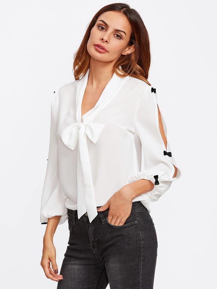 Shein Bow Embellished Split Sleeve Tie Neck Blouse