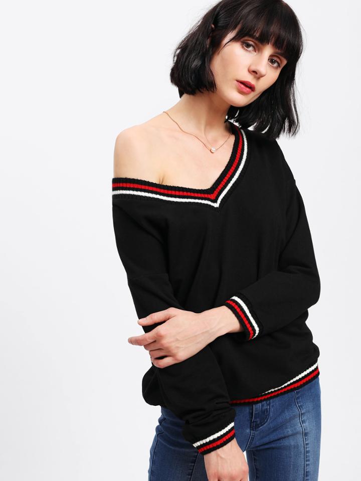Shein Drop Shoulder Striped Trim Pullover