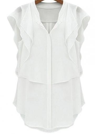 Rosewe Butterfly Sleeve V Neck White Chiffon Blouse