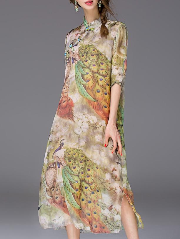 Shein Green Peacock Print Split Cheongsam Dress