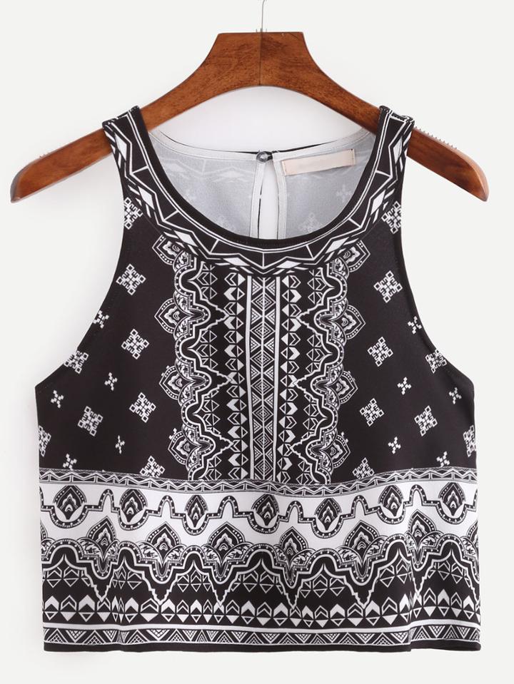 Shein Keyhole Racerback Tribal Print Crop Tank Top - Black