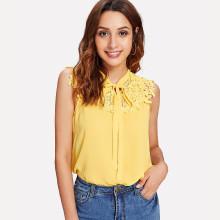 Shein Guipure Lace Applique Tie Neck Top