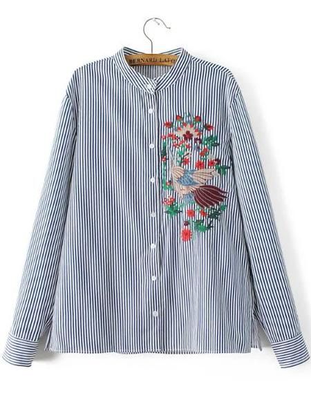 Shein Blue Vertical Striped Side Slit Blouse