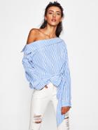 Shein Collared Asymmetric Shoulder Bow Tie Hem Blouse