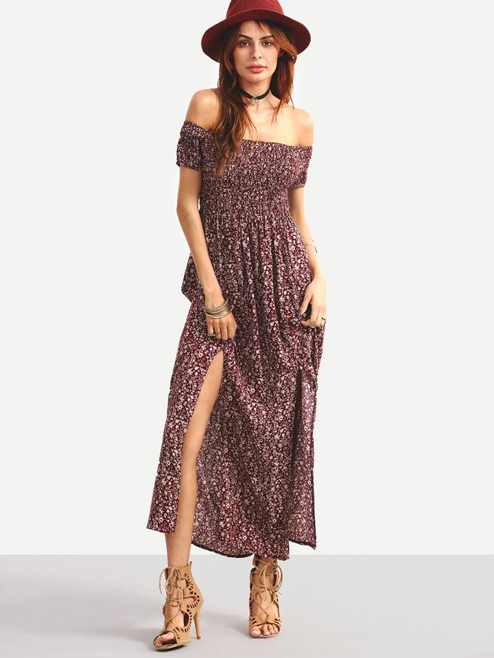 Shein Shirred Off-the-shoulder Slit-front Floral Dress - Burgundy