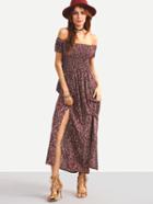 Shein Shirred Off-the-shoulder Slit-front Floral Dress - Burgundy
