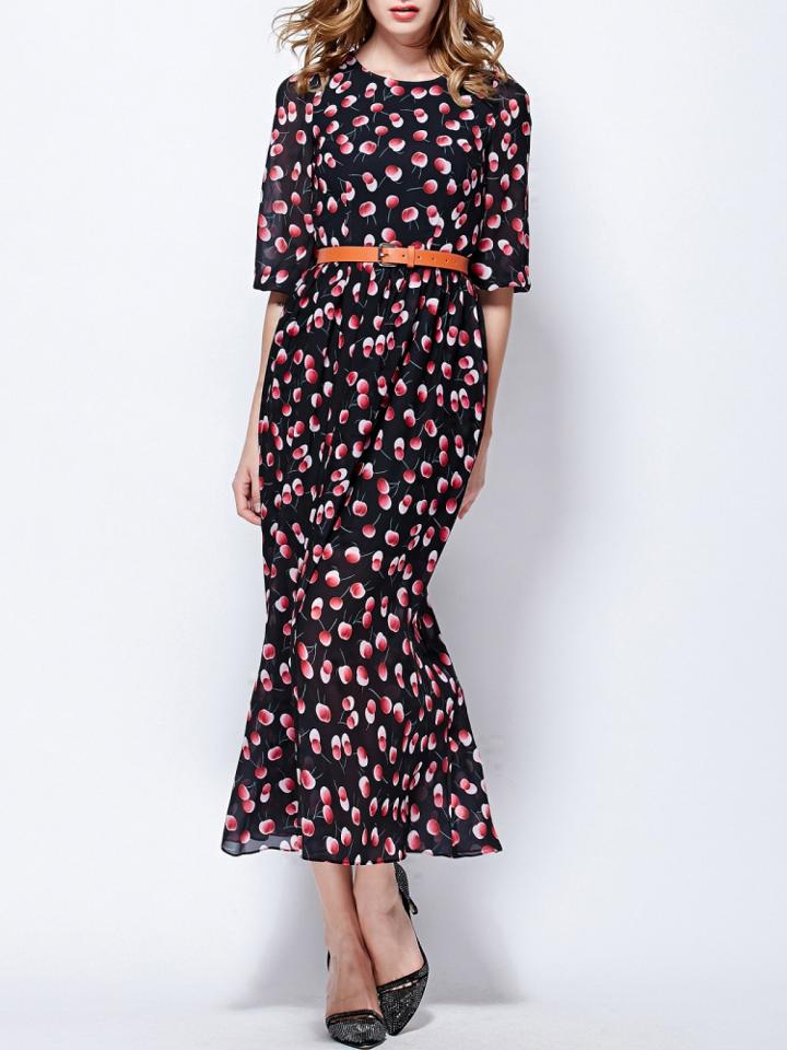 Shein Black Round Neck Half Sleeve Drawstring Print Dress