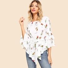Shein Ruffle Sleeve Plant Pattern Asymmetrical Hem Blouse