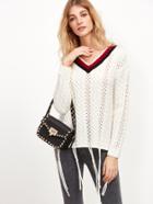 Shein White Striped V Neck Eyelet Sweater With Knotted String