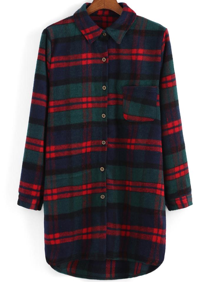 Shein Lapel Plaid Dip Hem Woolen Coat