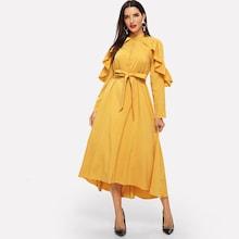 Shein Ruffle Trim Dip Hem Belted Hijab Dress