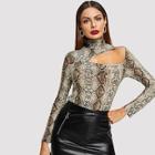 Shein High Neck Cut Out Front Snake Skin Print Top